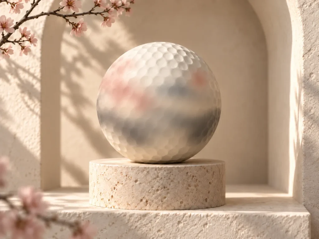 Japan collection teaser: strongly diffused rose and charcoal ink on an ivory golf ball with a crisp silhouette and limestone plinth