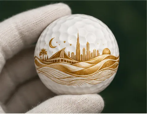 A white-gloved hand inspecting a golf ball printed with the gold Dubai artwork.