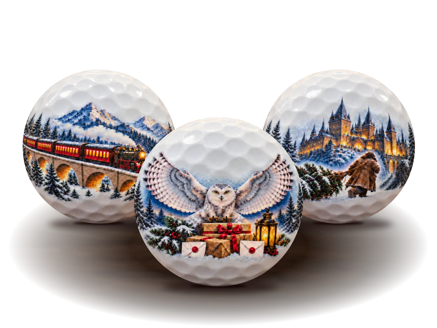 Three round winter golf balls depicting a mountain train, a snowy owl with gifts and an illuminated castle on a wooden surface