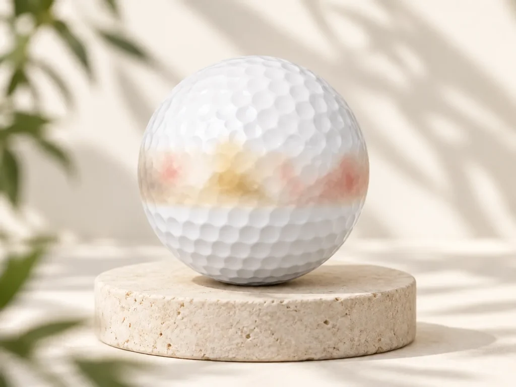 Fire Goat collection teaser: strongly diffused pale gold and rose ink on an ivory golf ball with crisp dimples