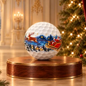 Santa’s sleigh and reindeer golf ball from Christmas is Coming on a walnut and brass podium in a warmly lit Christmas palace setting