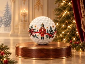 The Nutcracker golf ball on a walnut and brass podium in a warmly lit Christmas palace setting