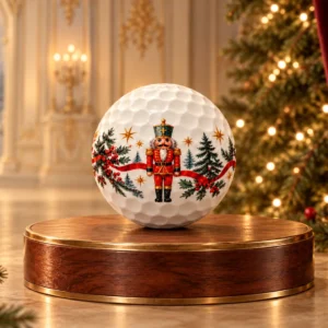The Nutcracker golf ball on a walnut and brass podium in a warmly lit Christmas palace setting