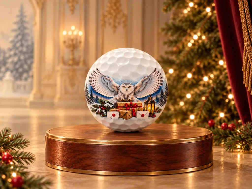 Snowy owl golf ball from Wizard’s World on a walnut and brass podium in a warmly lit Christmas palace setting